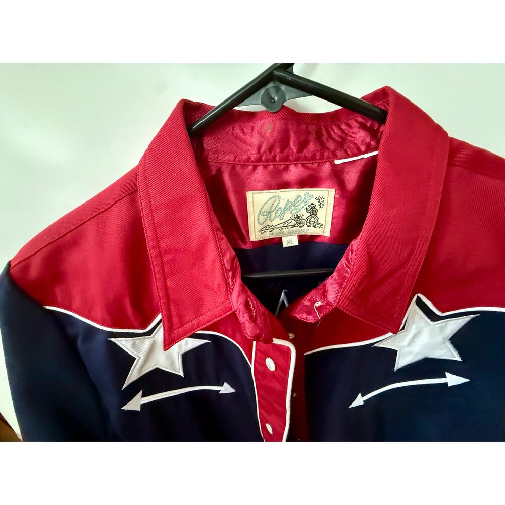 Vintage Roper Western Rodeo Button Down Snap Shirt Red Navy American Flag Star